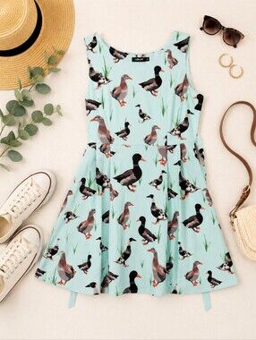 Dollz & Dames NWT Fit & Flair Duck Print Sleeveless Whimsy Dress. Ladies Small
